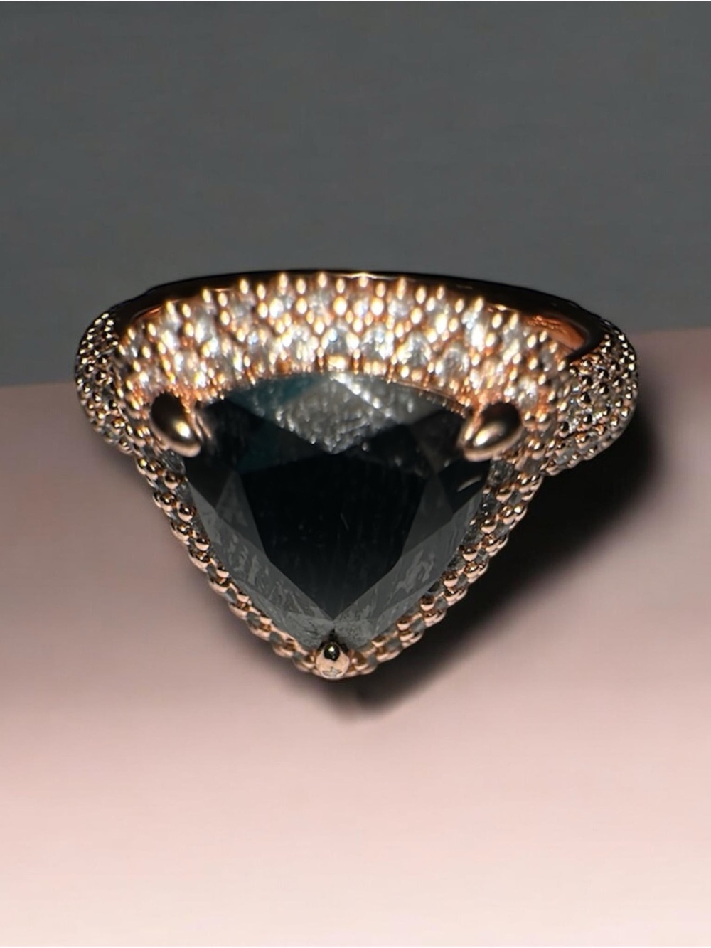 Bomb Party Rose Gold Ring with Amethyst Triangular Stone and Pavé Accents